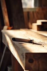 Sunlight illuminates a workbench and tools in a carpentry workshop