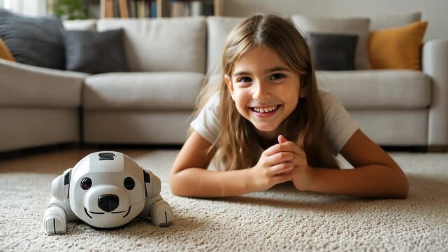 Girl playing with robot dog at home