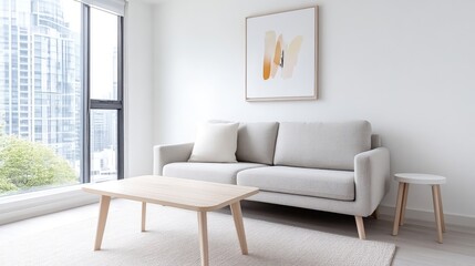 Modern minimalist living room with city view.  Simple, light-filled space features a light beige sofa, a light wooden coffee table, and a framed abstract art piece. 