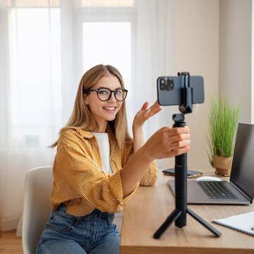 Eine junge Frau mit Brille posiert als Bloggering vor einem am Stativ befestigten Smartphone.