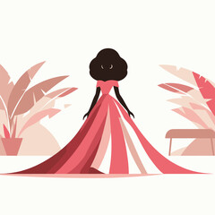 Elegant Woman in Flowing Red Dress Surrounded by Tropical Leaves - Flat Illustration