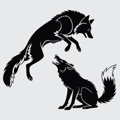 A  fox leaping to attack a wolf image silhouette design vector art and illustration