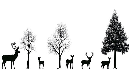 Illustration of Deer Family with Tree Silhouettes on Transparent Background