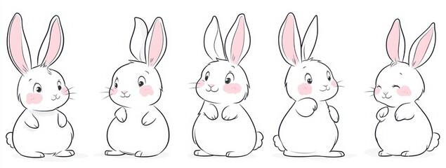 Cute bunny rabbit outline sketch vector illustration. Minimal bunny line art doodle in different poses.