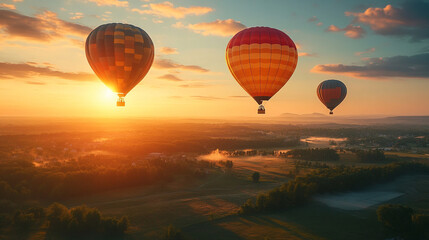 Fototapeta premium Hot air balloons rise at sunrise over a tranquil landscape