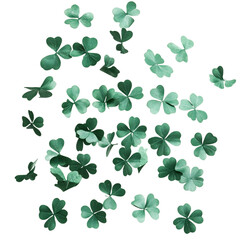 A Handful of Scattered Green Confetti Pieces with Shamrock Leaves Isolated on Transparent Background