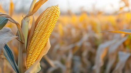Bright yellow cornfield with a single corn cob in full color contrasting against a muted farm background