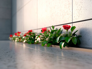 Fototapeta premium Red flowers lie on black granite slab, symbolizing memory, grief and remembrance. The flowers create a solemn tribute, honoring memory of the dead with peaceful, silent beauty.