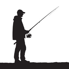 Silhouette of a Fisherman with Fishing Rod in Hand - Black And White Illustration