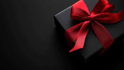 Black gift box with red ribbon on dark background in high detail