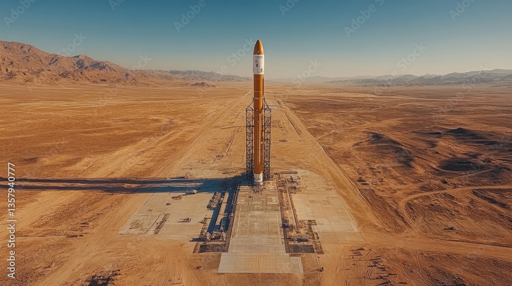 Poster A towering rocket stands ready for launch in a remote desert area under clear blue skies. It reflects advancements in propulsion and recovery techniques for space missions.