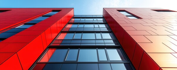 Modern red building facade with glass windows, showcasing architectural design and urban development