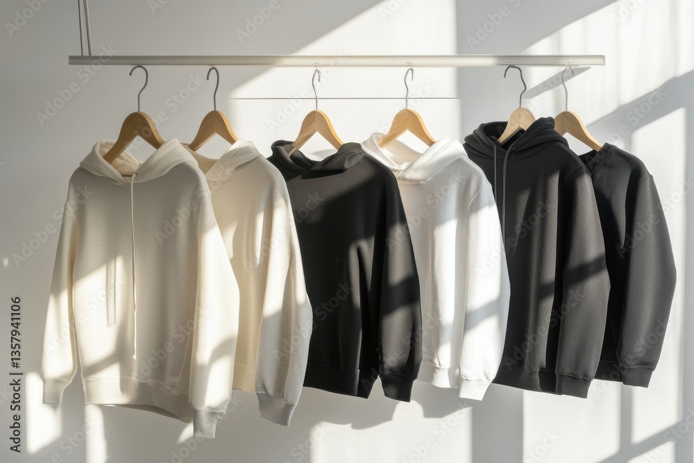 Poster display of various hoodies in neutral colors hanging on a modern rack in a well-lit room during dayt