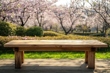 Fototapeta premium Empty wooden table in Sakura flower park with garden bokeh background, country outdoor theme mock-up for product display. wooden table in front of the spring blossom tree landscape. Product display.MZ