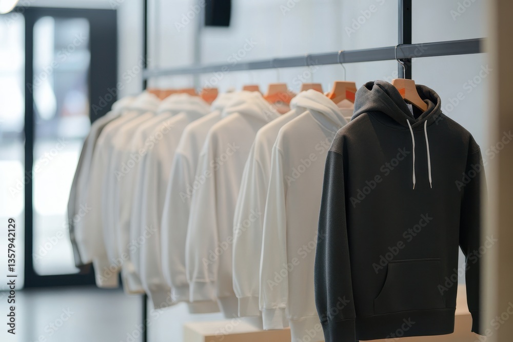 Poster display of hoodies in a modern retail store highlighting fashion trends and color variations in a mi