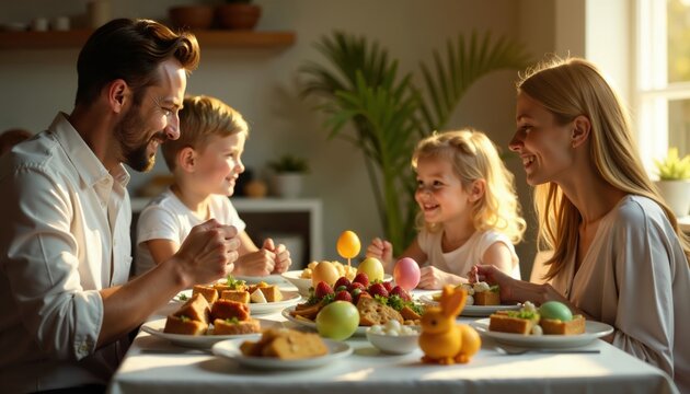 Happy Family Gathering For Easter Dinner With Colorful Eggs, Father Mother And Child Enjoying Festive Meal Together With Joyful Celebration And Warm Family Atmosphere
