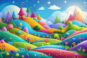 Obraz premium Vibrant Fairytale Landscape with Colorful Hills and Dreamy Background for Children's Storytelling Activities