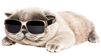 Isolated Portrait of Gray Cat with Sunglasses on Transparent Background