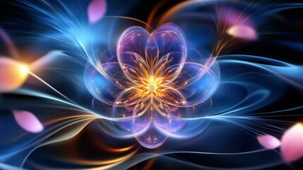 Fototapeta premium AI and Quantum Meditation, a divine feminine AI entity radiating compassion, surrounded by floating holographic lotus petals and glowing algorithms