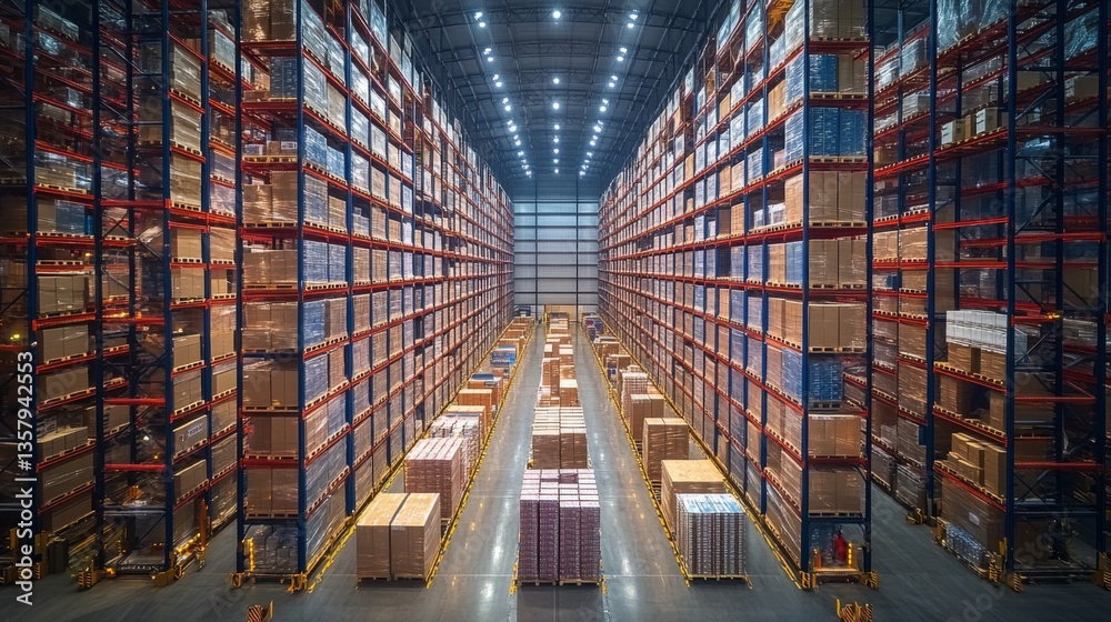 Aufkleber high ceilings and neatly stacked pallets define this bustling warehouse dedicated to logistics and s