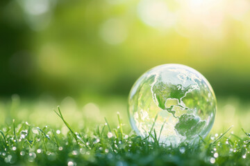 Close up of crystal globe resting on grass in a forest - environment concept 
