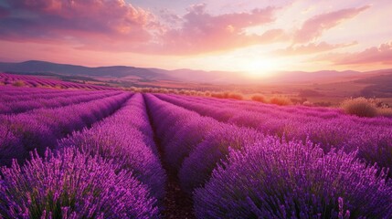 Fototapeta premium Lavender field stretches under a pink sunrise, rows of purple blooms leading to distant hills, a serene landscape.