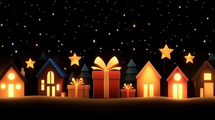 Fototapeta premium Illuminated Christmas Village Night Scene Featuring Gifts