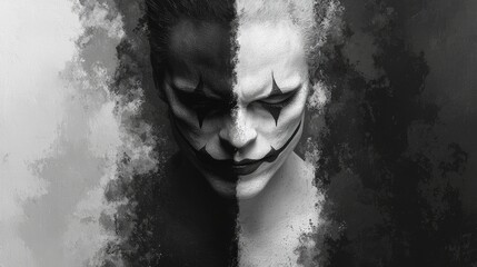 Monochrome portrait of a person with half their face painted black and half white, creating a stark contrast and an unsettling expression