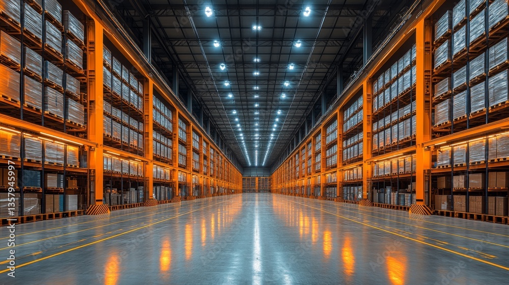 Poster Large warehouse shows neatly arranged pallets stored on shelves under bright lighting, emphasizing efficient logistics and inventory management in a distribution center.