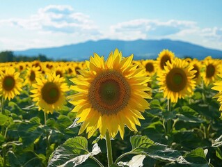 Fototapeta premium Sunny Sunflower Field: Vibrant yellow sunflowers bloom under a bright sky, creating a cheerful scene with distant mountains.