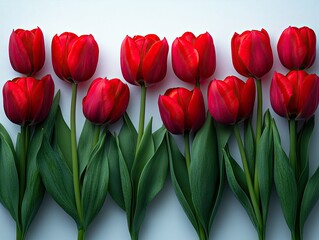 Obraz premium Ten vibrant red tulips arranged in a row. Perfect for spring themes, cards, or floral designs.