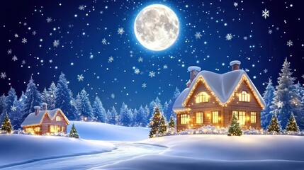 Fototapeta premium Winter Wonderland Cottages Illuminated Under a Full Moon