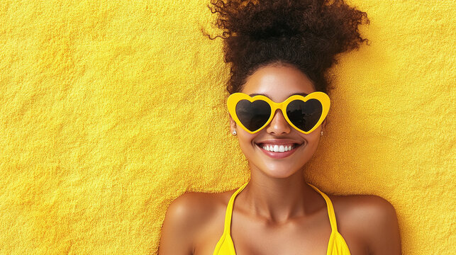 young woman wearing funny yellow sunglasses in heart shape against yellow background