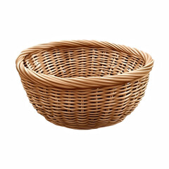 Realistic round wicker basket made from natural rattan in warm brown tone, traditional handwoven container for home or food use, isolated on transparent background.