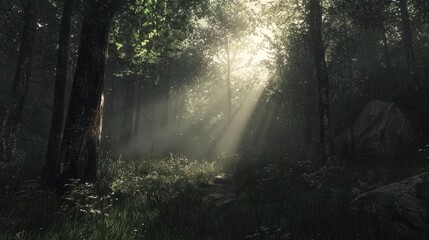 Naklejka premium Sunlight filters through a dense forest, creating an ethereal atmosphere. Lush greenery and fog enhance the natural beauty.