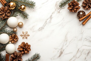 Festive Christmas Decorations On Marble Background