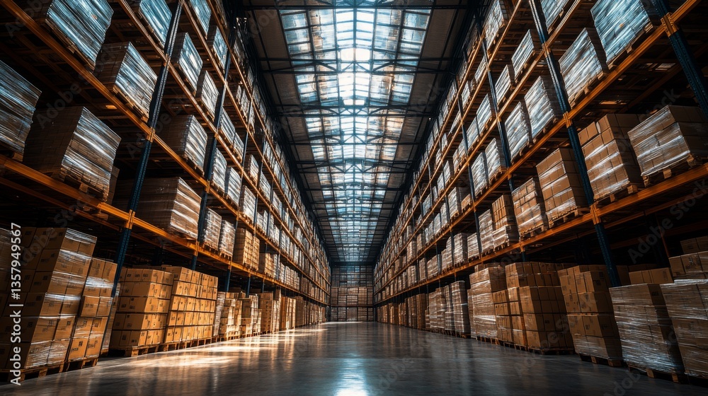 Poster spacious warehouse features tall shelves full of neatly arranged boxes, creating a well organized in