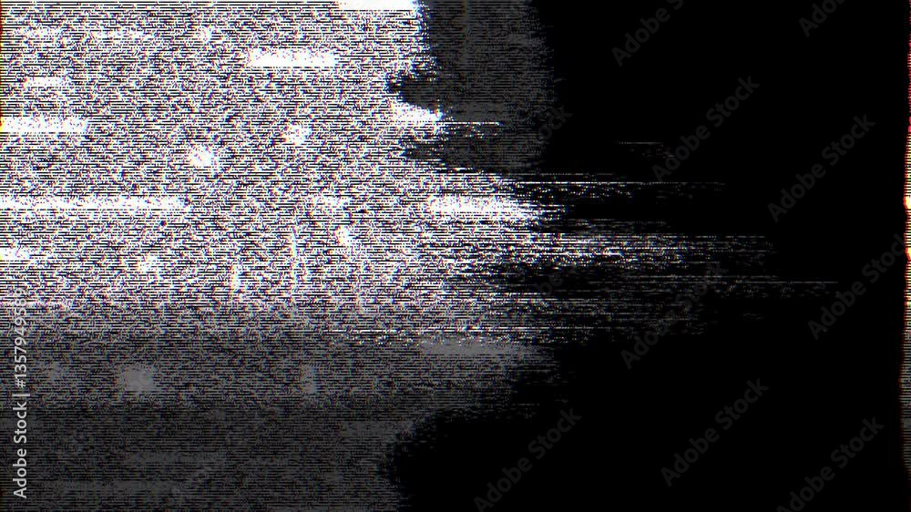 Poster digital glitch noise animation. black background. pixel vhs distortion effect. vcr tape. glitch art.