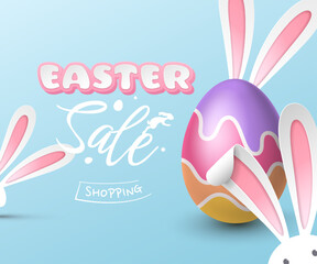 Easter sale banner with paper cutout bunny ears, a realistic coloured egg, a silhouette of a hopping rabbit. Vector festive template with discount text and 3D Easter inscription on a blue background.