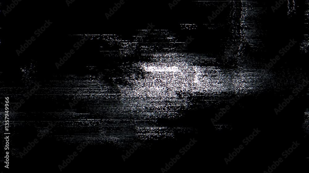 Poster Digital glitch noise animation. Black background. Pixel VHS distortion effect. VCR tape. Glitch art. Film grain backdrop. Pause old television screen. Grainy texture. Video glitching.