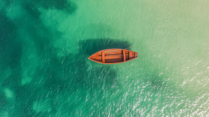 Top View of Rowboat on Ocean with Isolated White Background
