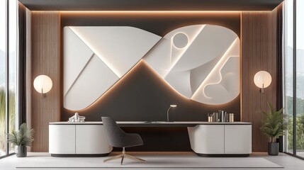 Modern minimalist home office with abstract wall art