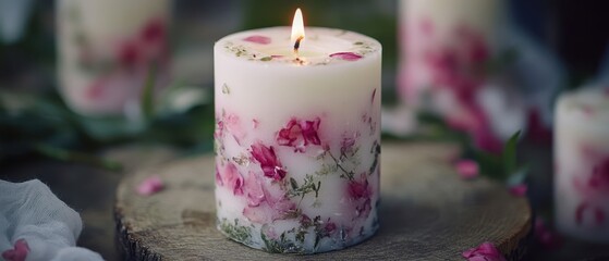 A lit candle rests elegantly on a rustic wooden table, casting warm light and creating a cozy atmosphere in the surrounding space.