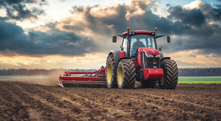 Obraz premium A vibrant red tractor is furrowing a vast field at sunset time
