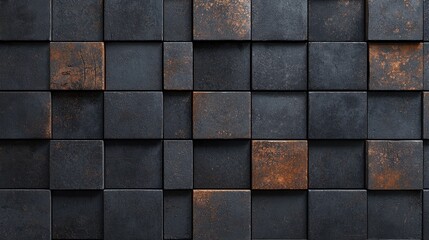 A textured wall made of square tiles in various shades of black and brown, showcasing a modern, industrial design aesthetic.