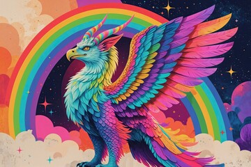 Obraz premium Vibrant Griffin Illustration in Surreal Dreamlike Style with Rainbow Arcs and Rich Canvas Textures