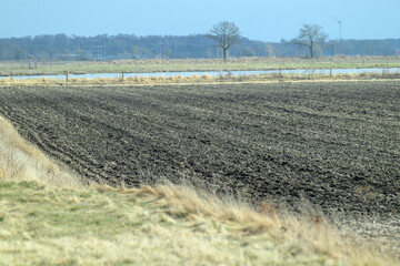 Expansive plowed farmland reveals dark, fertile soil bathed in sunlight, with green grass patches,...