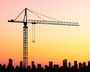 Construction crane silhouette at sunset over city skyline