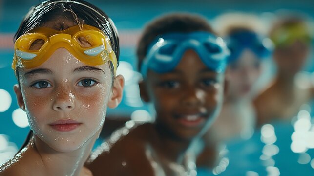 Children in swimming pool, wearing goggles, ready to swim