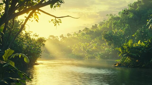 Sunset River with Lush Jungle. (1)